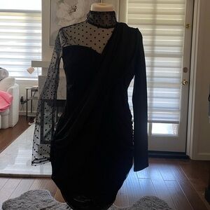 Black Sheer Polka Dot One-Shoulder Dress